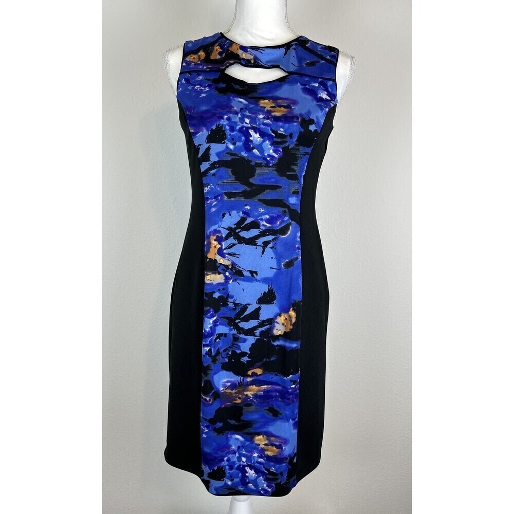 Cynthia Rowley Sleeveless Keyhole Sheath Dress - Blue & Black Abstract Size 4